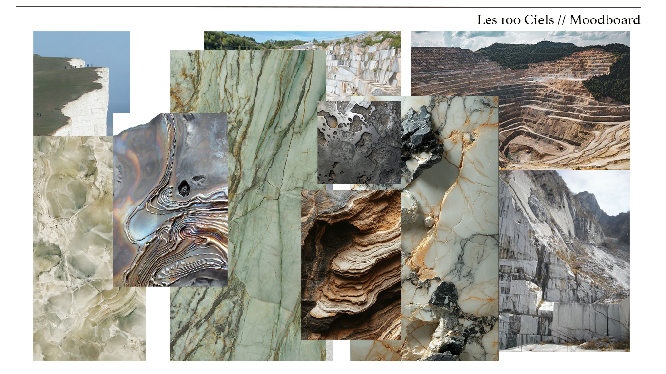 Les 100 Ciels moodboard — marble, quarry, and mineral textures