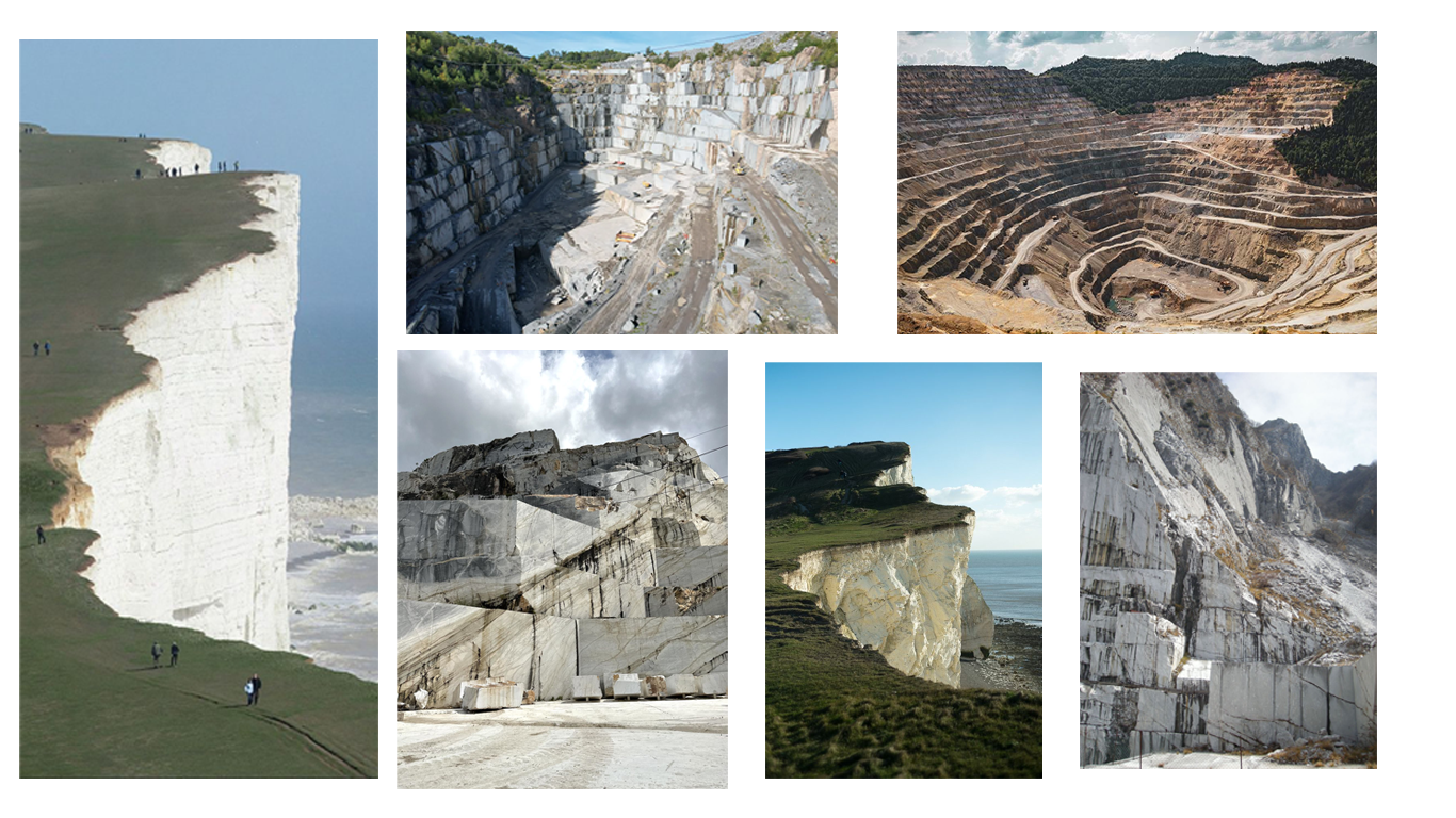 Les 100 Ciels moodboard — cliffs, quarries, and cut stone